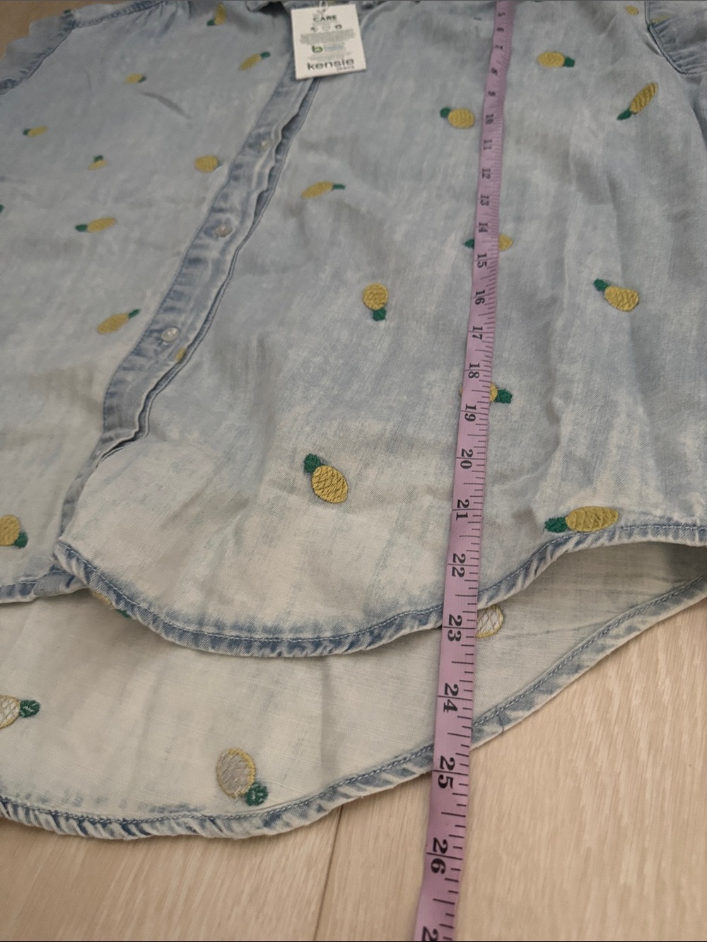 Kensie Light Blue Denim Button-Down Shirt with Yellow Pineapple Embroidery - Picture 7 of 8